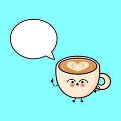 Cute coffee cup character holding speech bubble
