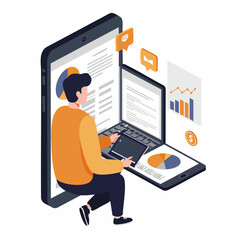 Isometric Modern Man Analyze Data on Mobile and Laptop Illustration