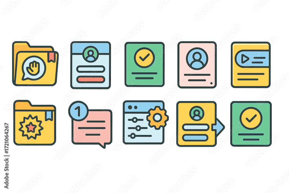 Poster office organization flat icon set. productivity, document management, workflow icons.