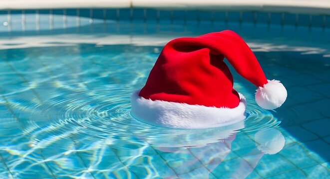Santa Hat in Swimming Pool. - Powered by Adobe