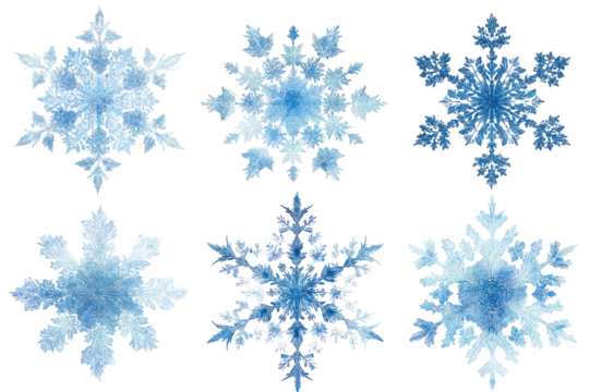 Collection of six delicate blue watercolor snowflakes in various intricate designs.