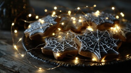 Delicious decorated star cookies with spider web icing and warm fairy lights on a rustic wooden table
