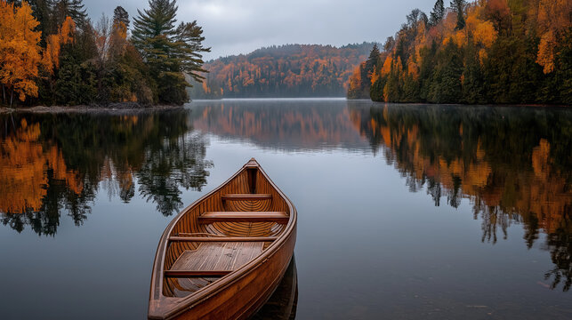 Peaceful Canoe on a Calm Lake with Autumn Forest Reflections | Tranquil Nature Wallpaper