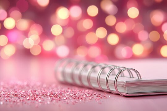 Pink spiral notebook with shimmering glitter on a soft bokeh background. - Powered by Adobe
