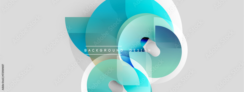 Poster abstract shapes overlap, creating dynamic composition. blue, turquoise hues dominate light gray back