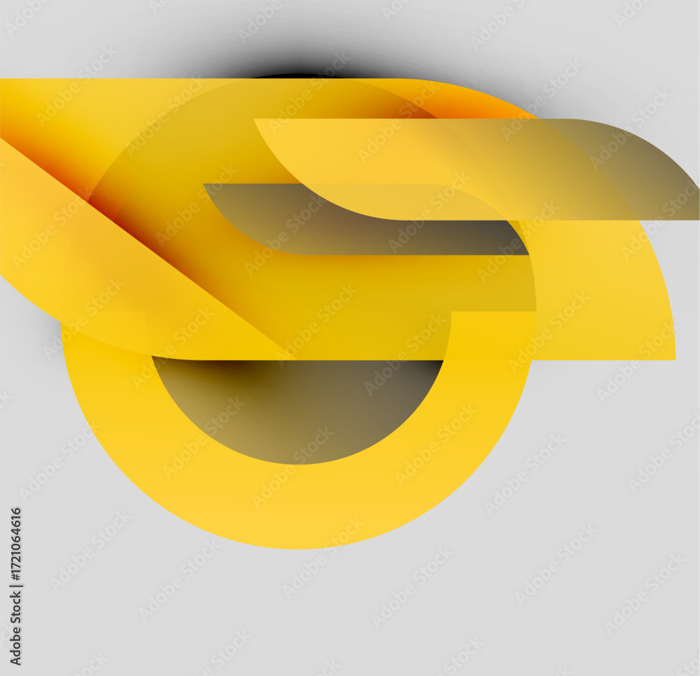 Poster abstract yellow shapes overlap, creating dynamic composition. soft shadows suggest depth, modern des