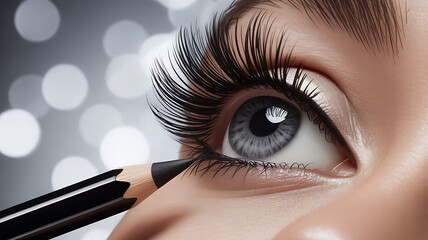 Closeup of Eye with Eyeliner Application Process with focus on the eyelashes and skin texture for beauty advertising or makeup tutorial content