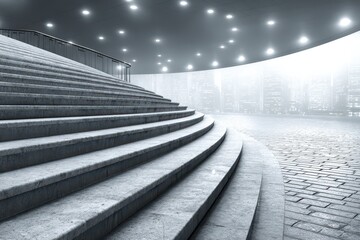 Modern curved concrete staircase, brightly lit, facing a misty city.
