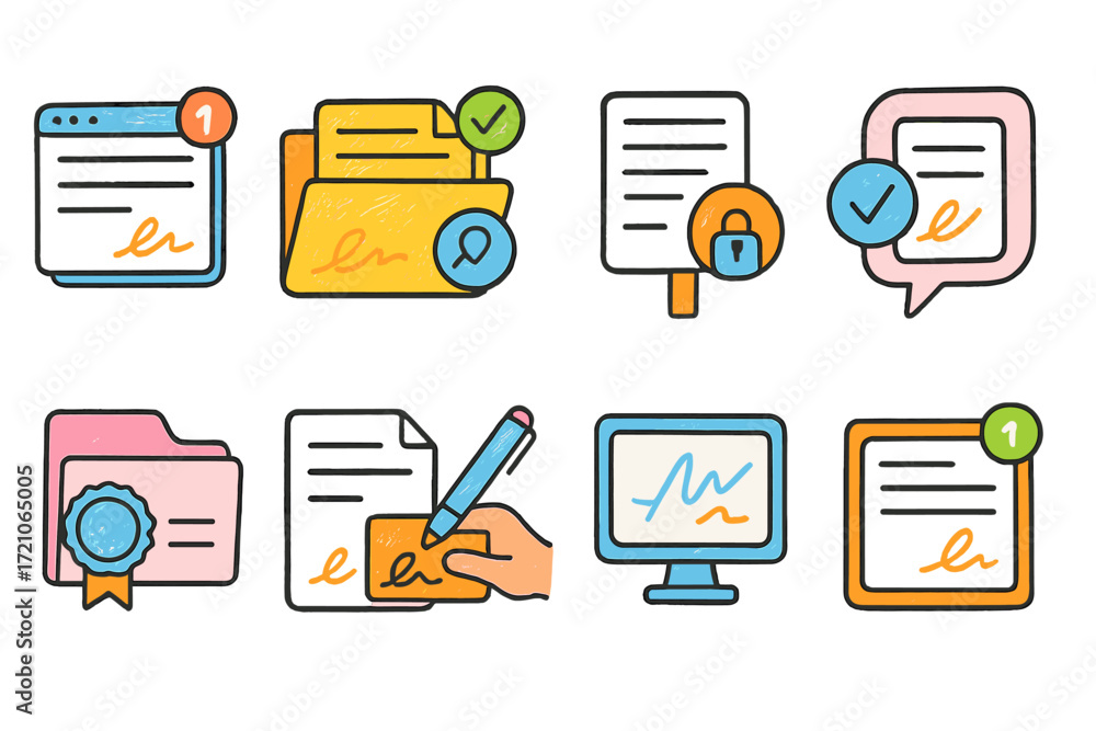 Poster office, productivity outline icon set. document management, workflow icons collection.