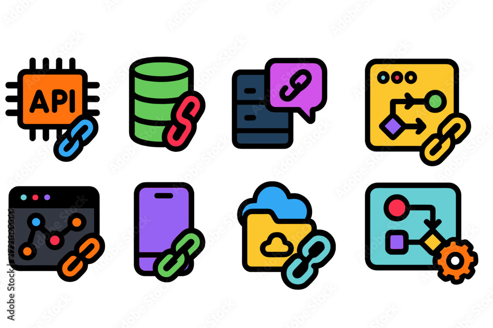 Poster Api and data management filled icon set. database, network, and cloud symbols