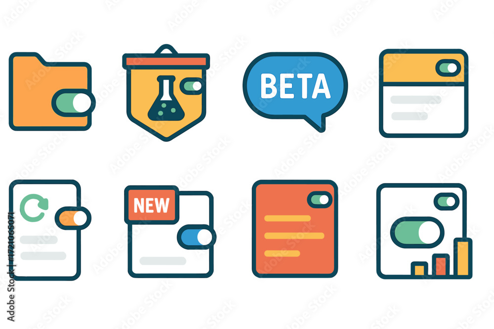 Poster file management flat icon set. data organization icons collection in flat style.