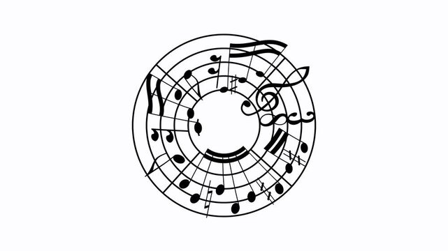 Animation of rotating musical notes. Simple motion graphic animation. Treble clef.
