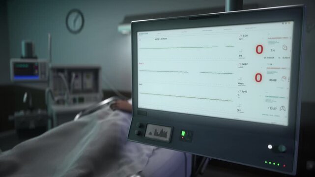 Electronic device is monitoring the patients heartbeat. Electronic device shows a rapid decline of the patients heartbeat. Electronic device detects no heartbeat from a sick person. Flatline. Death.