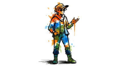 Cool young man with hat and sunglasses gesturing against a white backdrop, watercolor illustration for graphic design or artistic projects, vibrant and modern