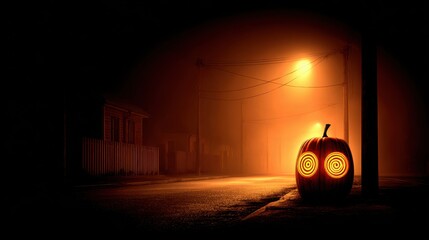 Spooky Pumpkin Lantern on Empty Street with Fog and Streetlight Glow for Halloween Night Atmosphere