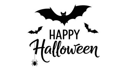 Spooky Night Greetings: A whimsical Halloween composition featuring a trio of bats, the joyful phrase Happy Halloween, and a charming spider silhouette.