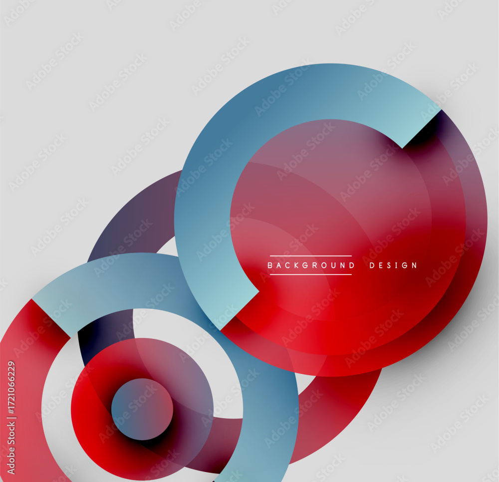Poster abstract circles overlap, creating dynamic visual effect. red, blue, white hues dominate neutral bac