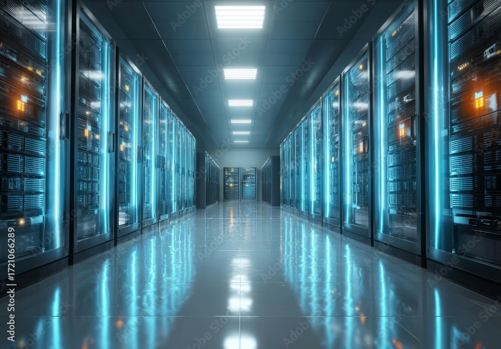 Poster server racks creating data storage corridor in data center