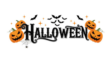 Halloween Gathering: A festive banner displaying grinning jack-o'-lanterns, spooky bats, and a spiderweb, with the bold word Halloween prominently placed in an artistic illustration.