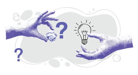 Conceptual illustration of problem-solving, showing a hand with crumpled paper and another with a bright idea lightbulb.