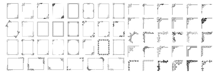 Decorative corner frames set. Vintage ornamental borders and elegant design elements for wedding or invitation. Vector collection on transparent background