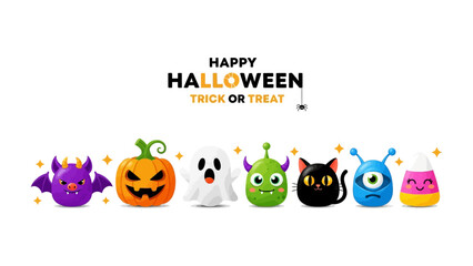 Halloween Characters Gathering: A lively gathering of charming cartoon characters celebrating Halloween. Each character, from a spooky ghost to a mischievous cat.