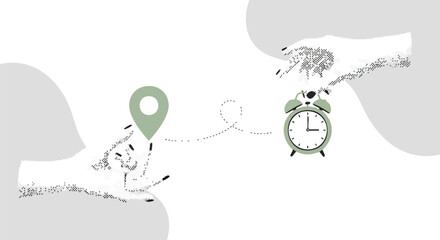 Conceptual illustration of hands interacting with a location pin and an alarm clock, symbolizing travel planning, time management, or scheduling a journey.