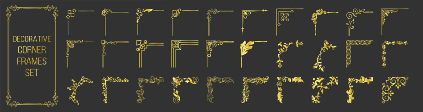 Set of gold decorative vintage frames and borders set. Elegant vintage corner frame and wedding ornaments. Isolated icons vector set