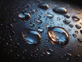 光を受けて輝く水滴のクローズアップと繊細な質感｜Water droplets close-up with reflection and texture in low light