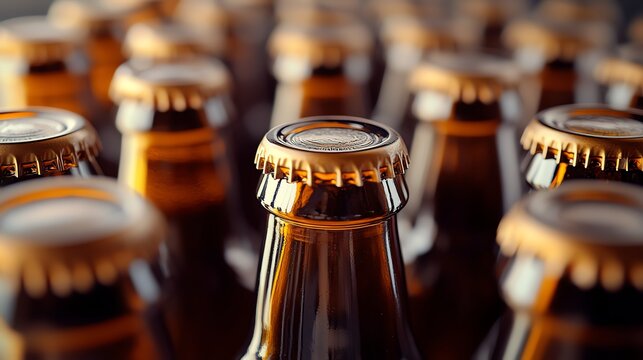 Collection of beer bottles with caps in focus.