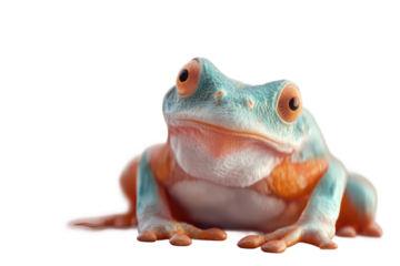Colorful blue and orange frog with prominent eyes on white background, cut out