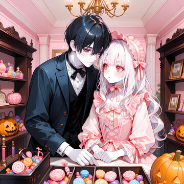 キャンディショップとカップル。アルビノの少女と碧眼の青年のハロウィン。日本の漫画風のAIイラスト