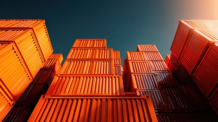 Bright Orange Shipping Containers Stacked Against Clear Blue Sky in Industrial Port Setting at Sunset