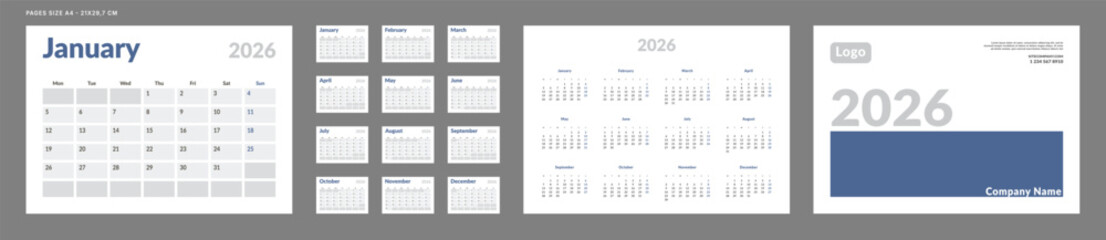 2026 Calendar Planner Set of Template grid Monthly Page, Cover with Place for Photo, Company Logo, Annual. Vector layout of wall or desk organizer calendar with week start Monday ready print. Pages A4