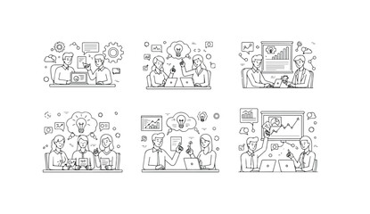 Six line art illustrations depict collaborative teamwork, brainstorming, and idea generation in a business setting.