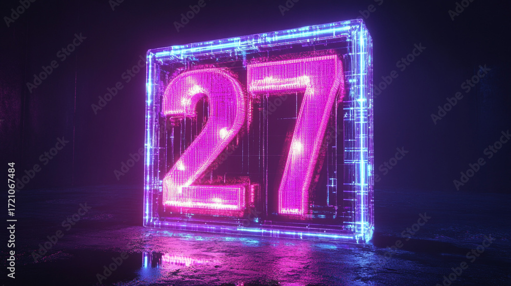 Poster Cyberpunk 27 Display Futuristic Neon Number on Dark Background