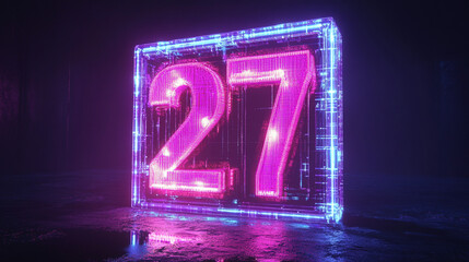 Cyberpunk 27 Display Futuristic Neon Number on Dark Background