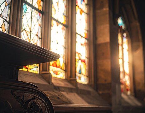 Church lectern, stained glass windows