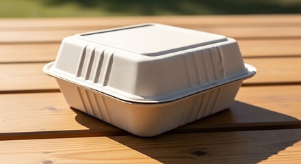 Sunlit Biodegradable Takeout Container on a Rustic Wooden Picnic Table.