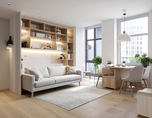 Tiny house interior with multifunctional furniture