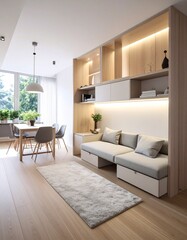 Tiny house interior with multifunctional furniture