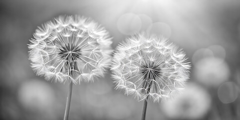 Two delicate dandelion seed heads in soft black and white lighting