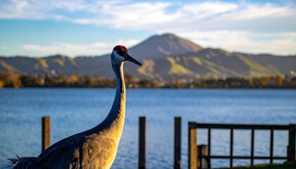 Crane by lake at sunset