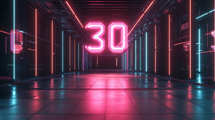 Neon 30 Countdown in Futuristic Tunnel with Colorful Lighting