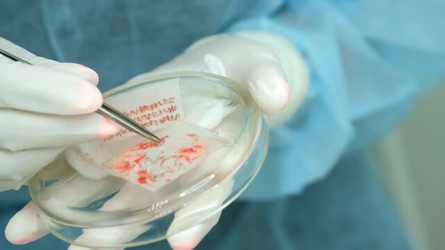 Surgeon nurse hands putting changing hair grafts using tweezers preparing it to hair transplantation in clinic. Problem of baldness, treatment of alopecia by hair transplant surgery in hospital.