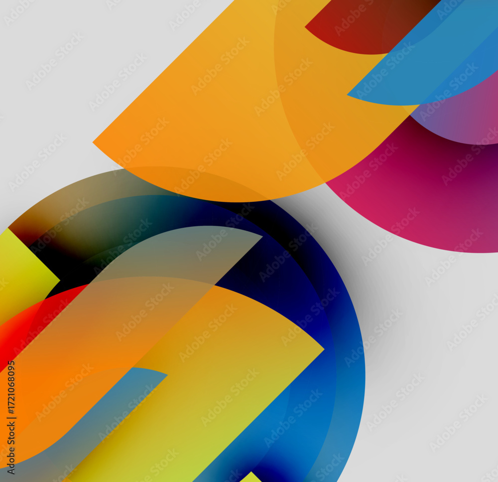Poster abstract composition. overlapping colorful shapes create dynamic visual effect. bright hues blend, f