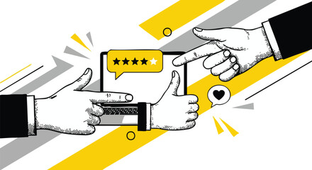 Illustration of hands framing a tablet displaying a positive review with stars and a thumbs up.