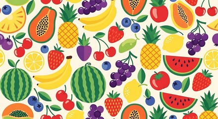 Vibrant seamless pattern of colorful cartoon fruits and berries food healthy