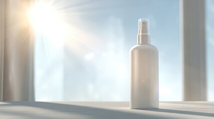 Elegant white spray bottle on a table with soft sunlight background highlighting minimalist beauty concept