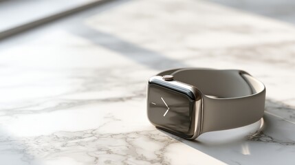 Elegant Smartwatch on Polished Marble Surface in Soft Natural Light, Showcasing Modern Technology and Minimalist Design